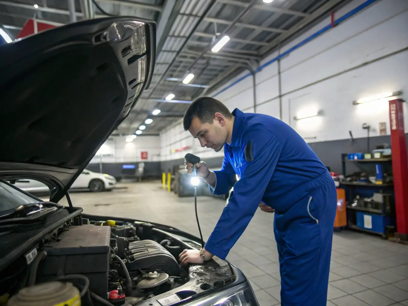 A clean and professional image of a mechanic working on a car in a well-equipped auto repair shop, representing the 'Auto Services' category on potrazi.rs.