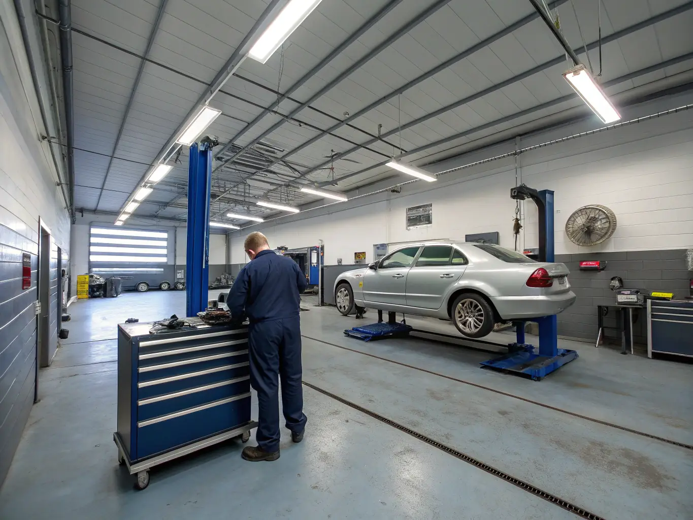 A modern car repair shop with a mechanic working on a vehicle, representing a recently added auto service business in the 'Auto Services' category on Potrazi.rs.