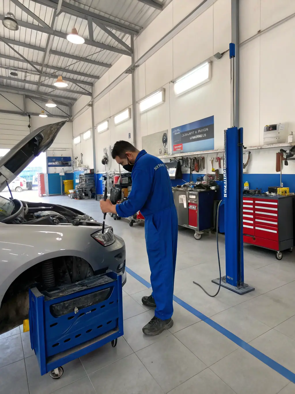 A clean and professional photo of a car repair shop, with mechanics working on a vehicle. The image should inspire trust and competence, ideal for a featured auto service listing.