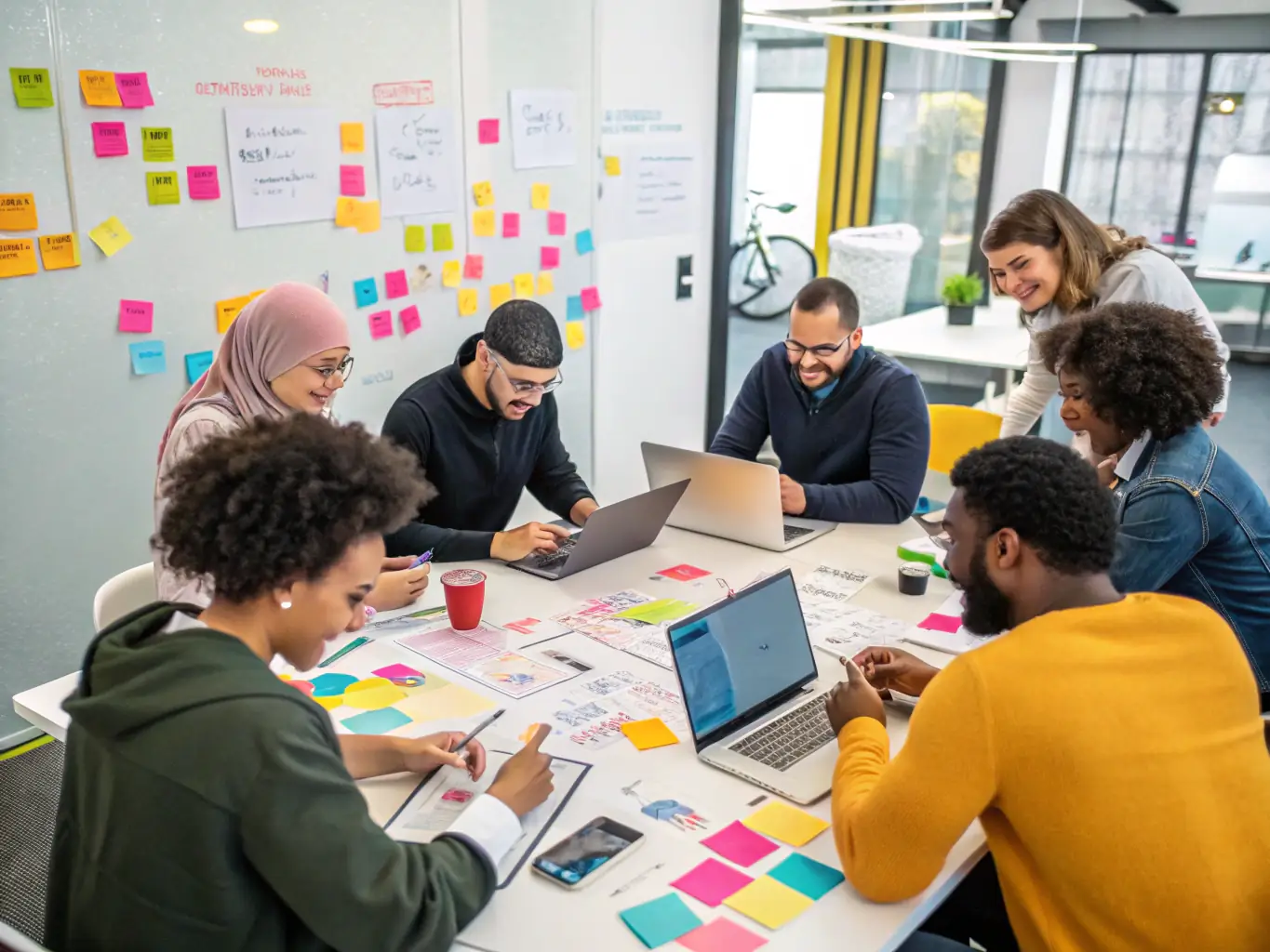 A high-quality photo of a diverse group of local business owners smiling and collaborating in a modern co-working space, symbolizing the community and networking opportunities offered by Potrazi.rs.