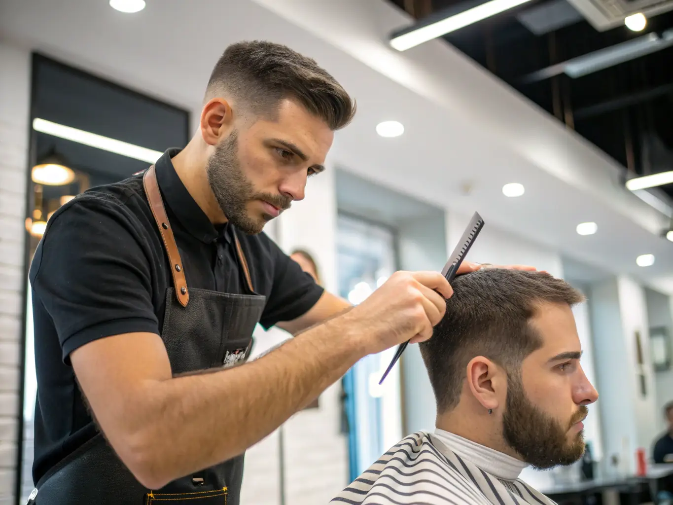 A modern barber shop interior with a barber giving a haircut, showcasing a newly listed business in the 'Beauty & Wellness' category on Potrazi.rs.