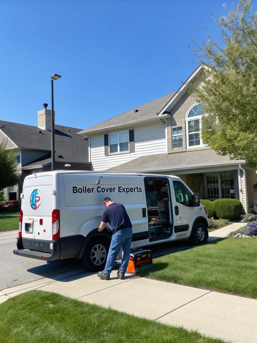 A well-lit and organized photo of a home services company van parked in front of a house, showcasing professionalism and reliability. The image should be appealing for a featured home services listing.