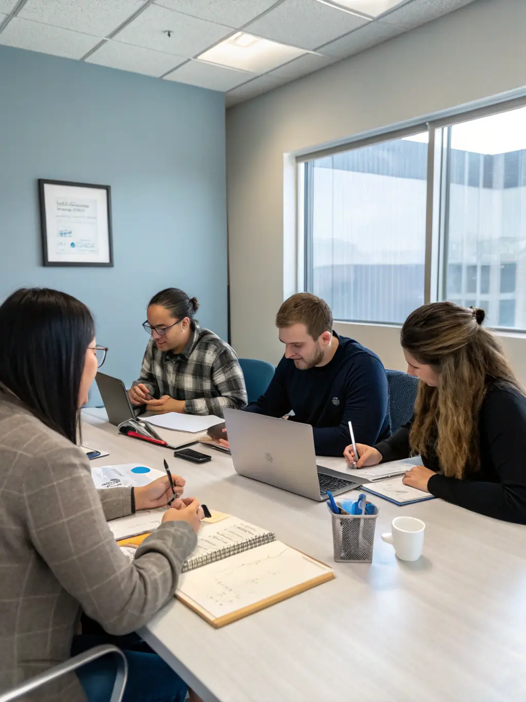 A team brainstorming session with sticky notes and charts, illustrating collaborative and innovative marketing approaches.
